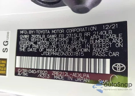 2022 Toyota Corolla Le из США, поврежденный, VIN JTDEPMAE0N3007815